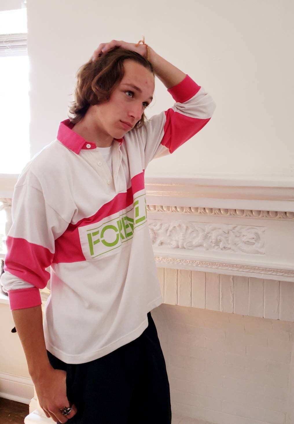 1980s Mens Forenza Jersey Pullover Shirt Pink White Lime Green / Long Sleeved 80s Collared Shirt Unisex / S / Garlyn