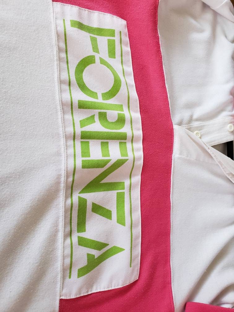 1980s Mens Forenza Jersey Pullover Shirt Pink White Lime Green / Long Sleeved 80s Collared Shirt Unisex / S / Garlyn