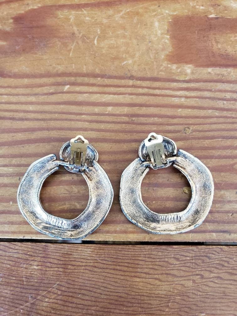 1980s Large Earrings Clips Blue Gold Enamel Hoops / 80s Clip-On Earrings Bold Chunky Maximalist Hoops / Aurore