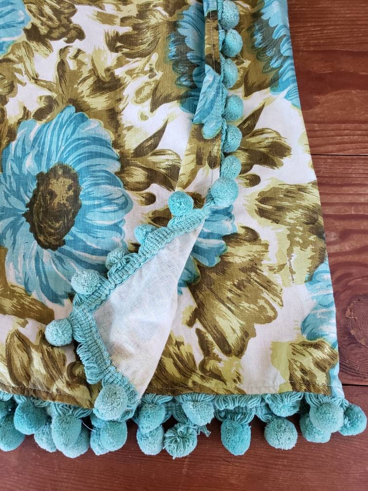 1970s 1960s Maxi Skirt Blue Gold Floral Print Pom Poms / 70s 60s Hippie Boho Skirt Bold Loud Print Ball Fringe / M / Selene