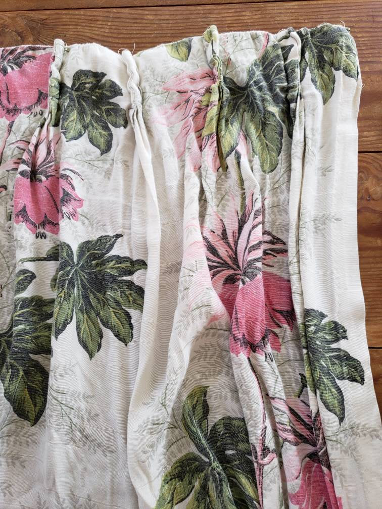 1940s Single Curtain Panel Floral Print Rayon / Vintage Drapery Pink Green Hawaiian Print Tiki Decor / Kelani