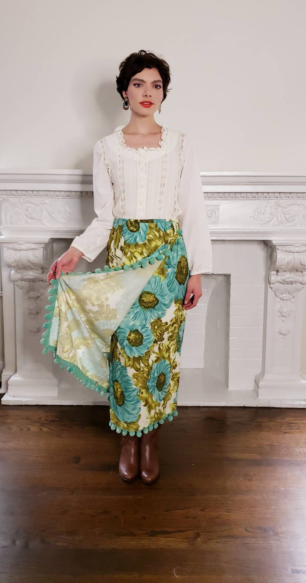 1970s 1960s Maxi Skirt Blue Gold Floral Print Pom Poms / 70s 60s Hippie Boho Skirt Bold Loud Print Ball Fringe / M / Selene