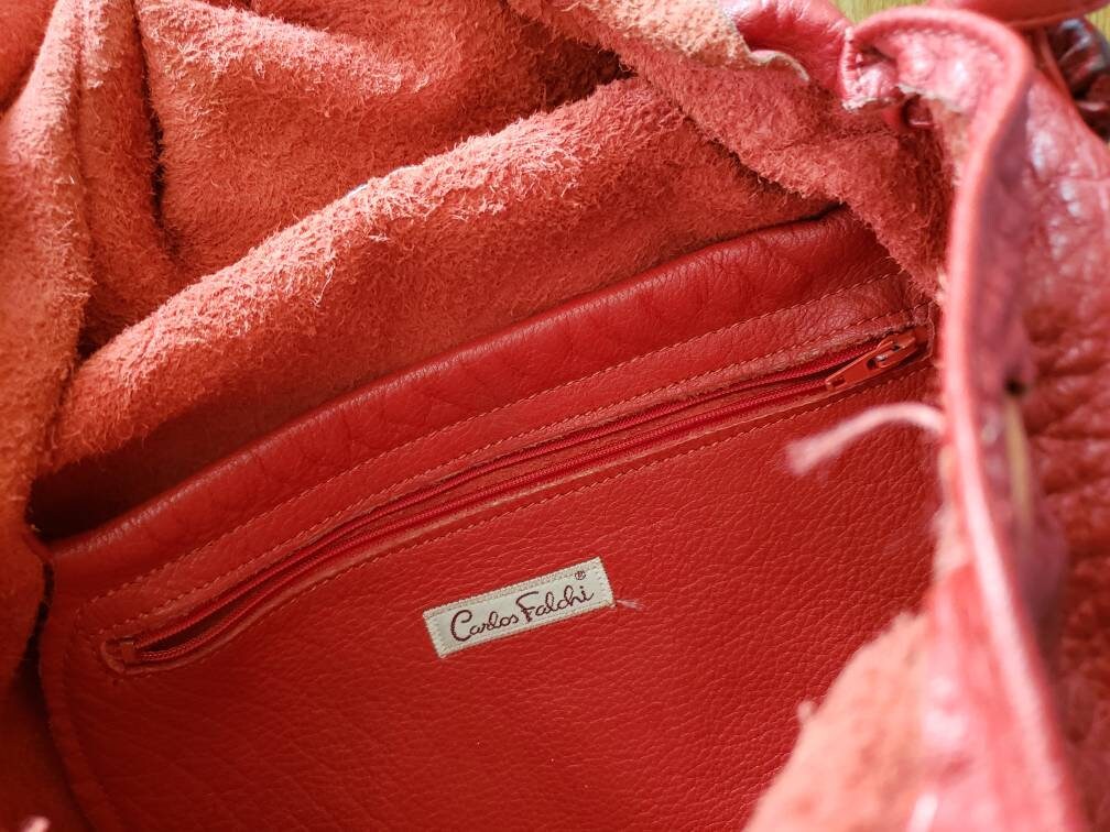 Vintage Carlos Falchi Red Leather Shoulder Bag Crossbody Purse Embossed