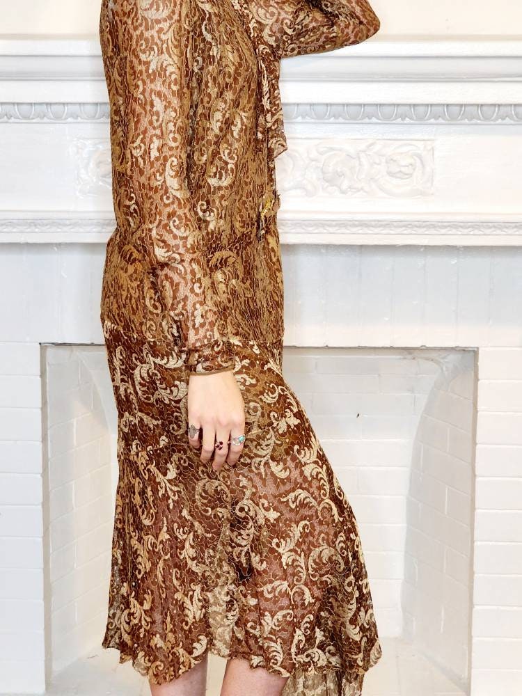 1920s Brown Lace Dress Long Sleeves / 20s Brown Beige Drop Waist Dress Gold Rhinestone Buckle Belt / Med / Rosamund / AS IS