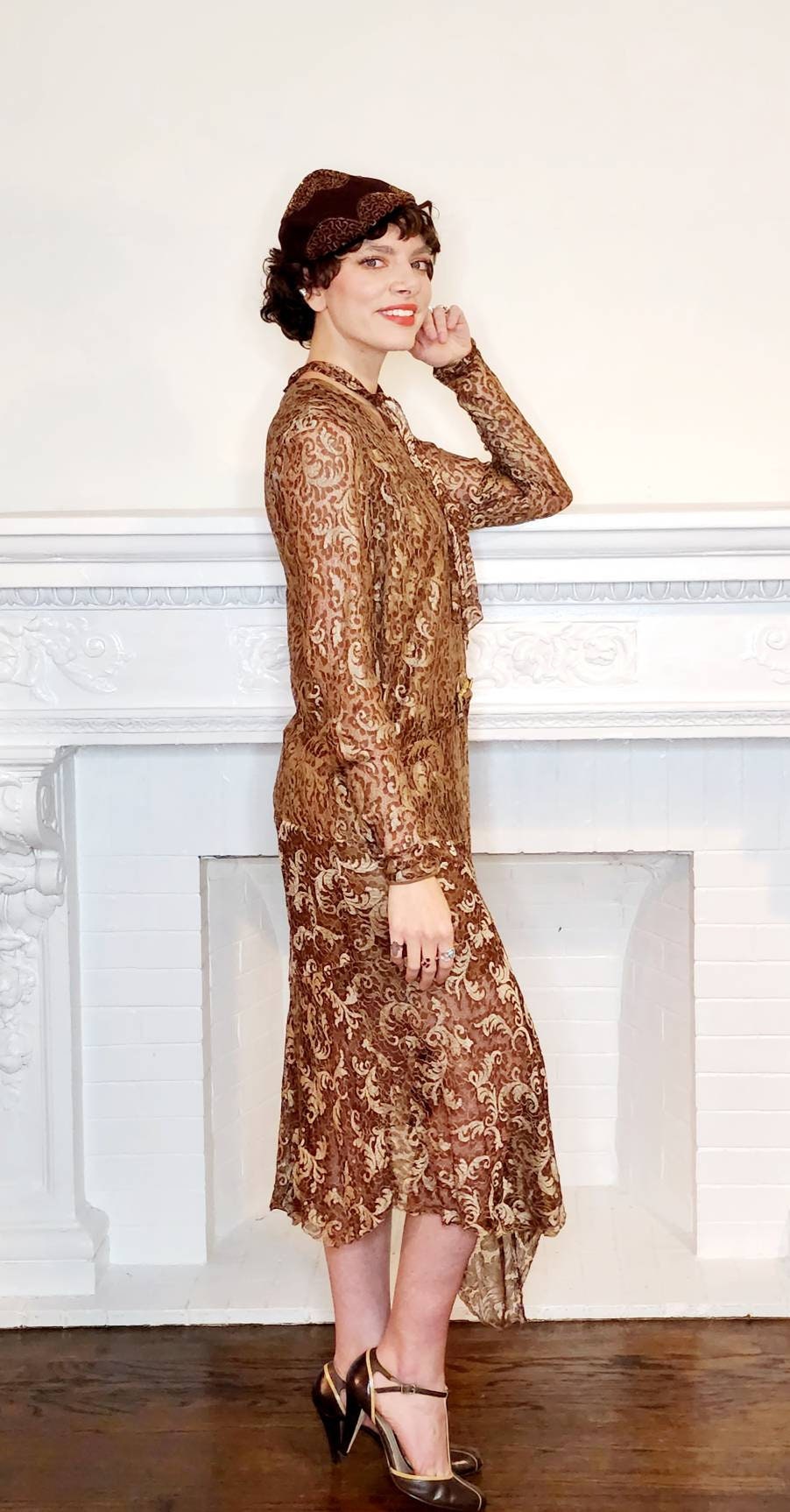 1920s Brown Lace Dress Long Sleeves / 20s Brown Beige Drop Waist Dress Gold Rhinestone Buckle Belt / Med / Rosamund / AS IS