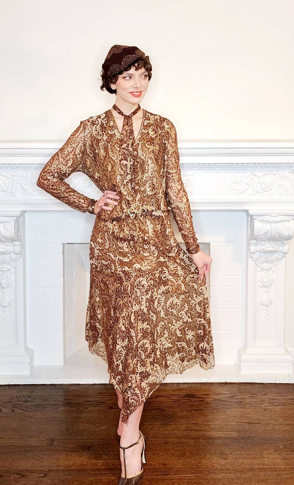 1920s Brown Lace Dress Long Sleeves / 20s Brown Beige Drop Waist Dress Gold Rhinestone Buckle Belt / Med / Rosamund / AS IS