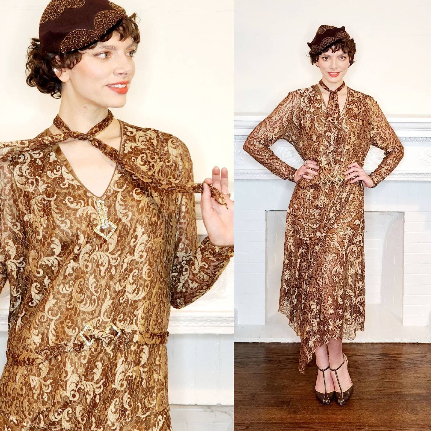 1920s Brown Lace Dress Long Sleeves / 20s Brown Beige Drop Waist Dress RareJule Vintage 1920s Brown Lace Dress Long Sleeves / 20s Brown Beige Drop Waist Dress RareJule Vintage