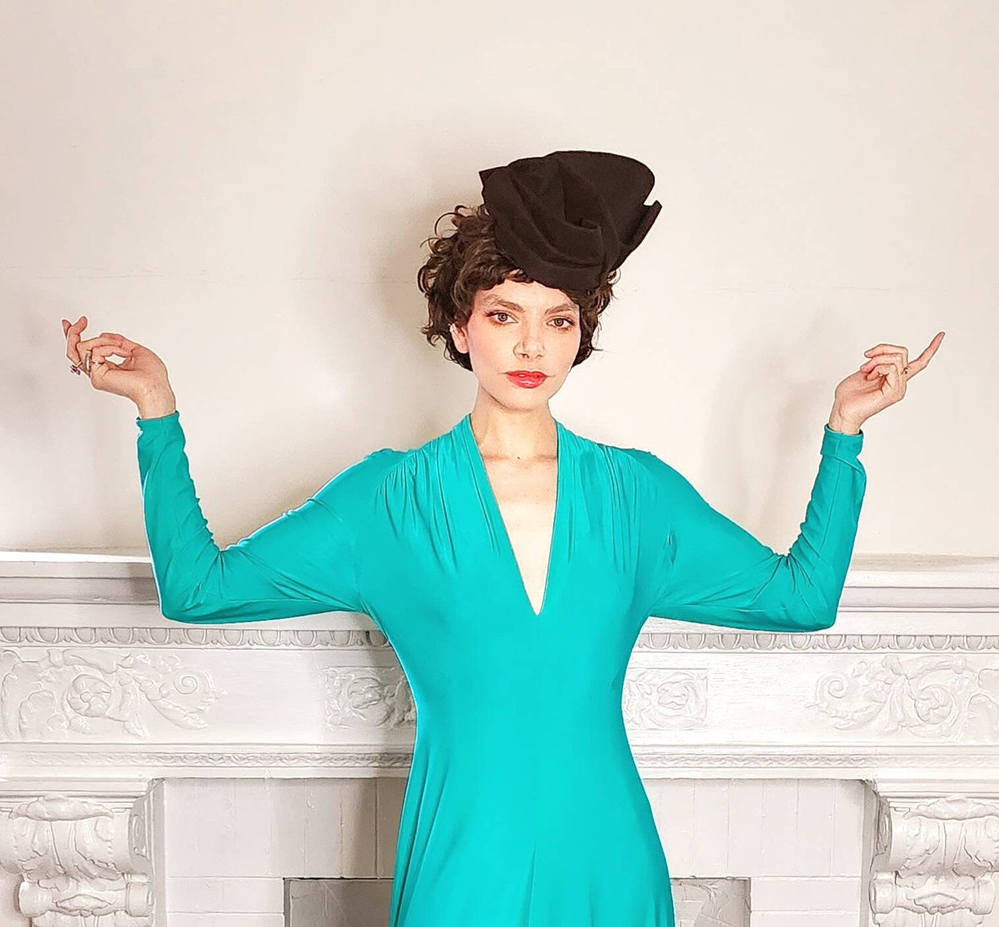 1970s Robert David Morton Matte Jersey Dress Aquamarine Green / 70s Long Sleeved Evening Dress V Neck 30s Style Disco / Medium / Octavia