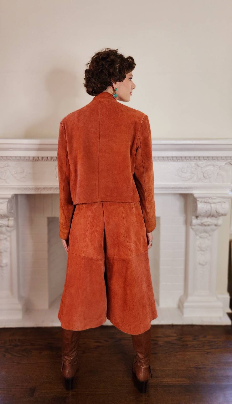 1970s Suede Culottes and Jacket Set Rust Orange Brown Deerskin Trading Post Boho Pants Suit Medium / Delma