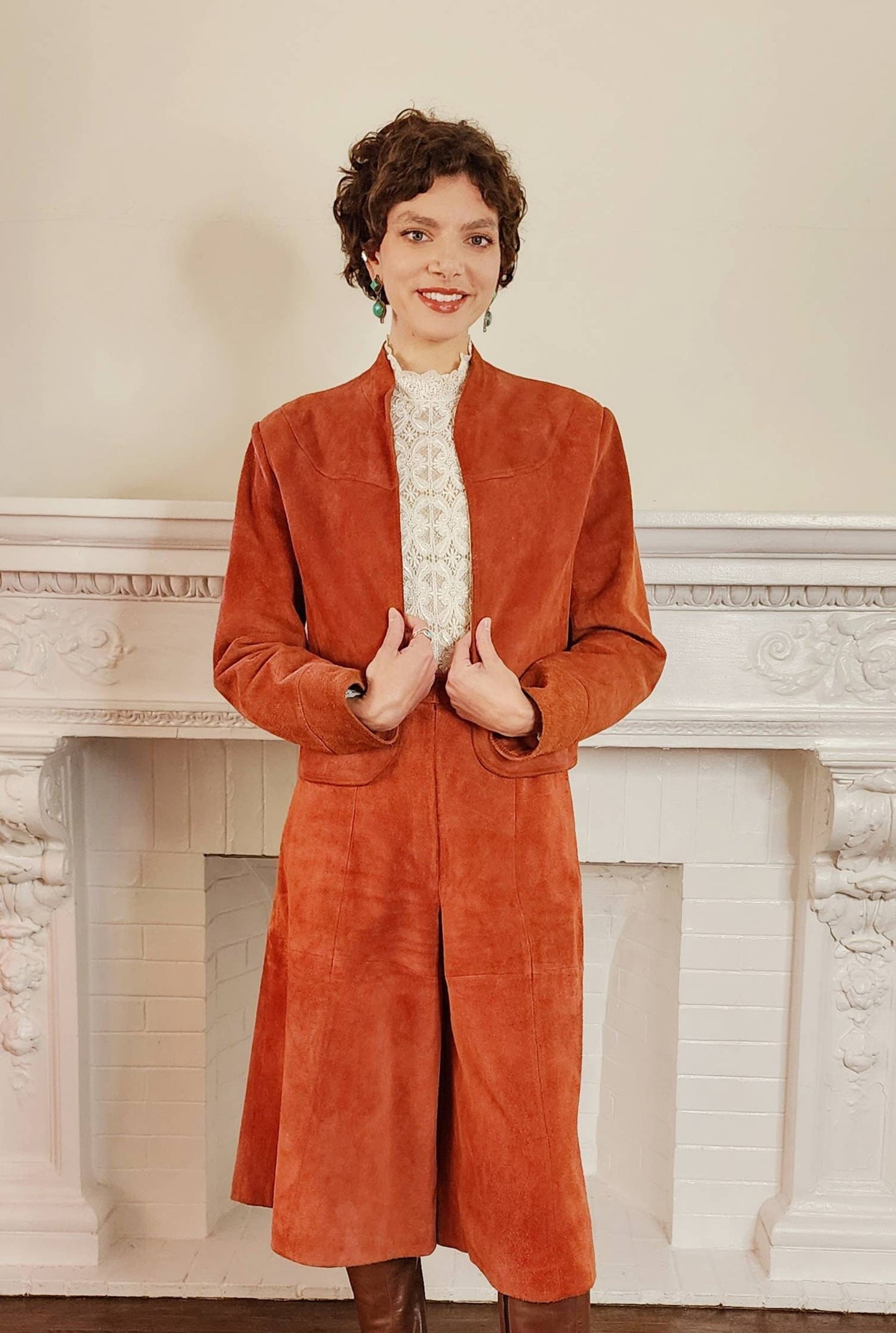 1970s Suede Culottes and Jacket Set Rust Orange Brown Deerskin Trading Post Boho Pants Suit Medium / Delma