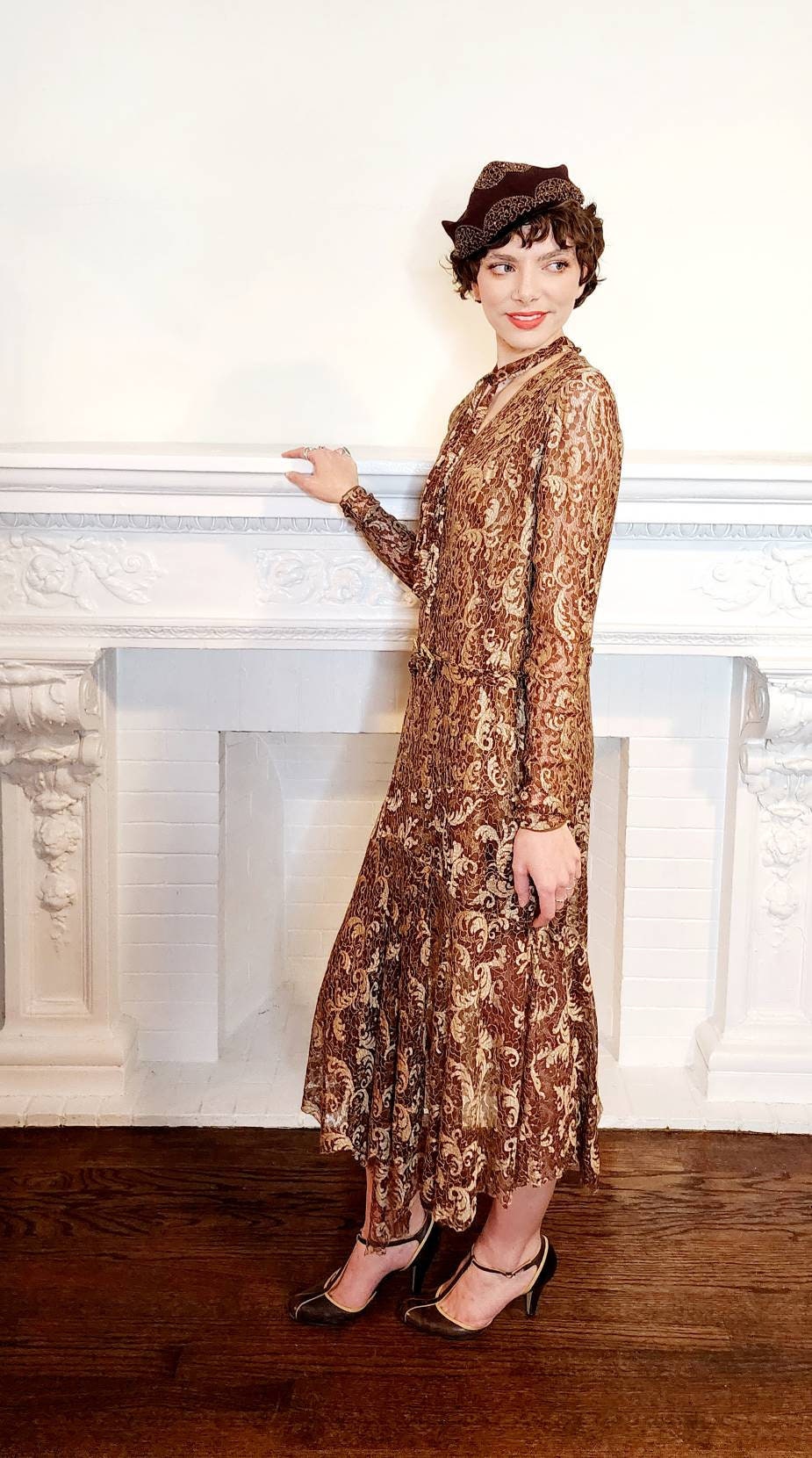 1920s Brown Lace Dress Long Sleeves / 20s Brown Beige Drop Waist Dress Gold Rhinestone Buckle Belt / Med / Rosamund / AS IS