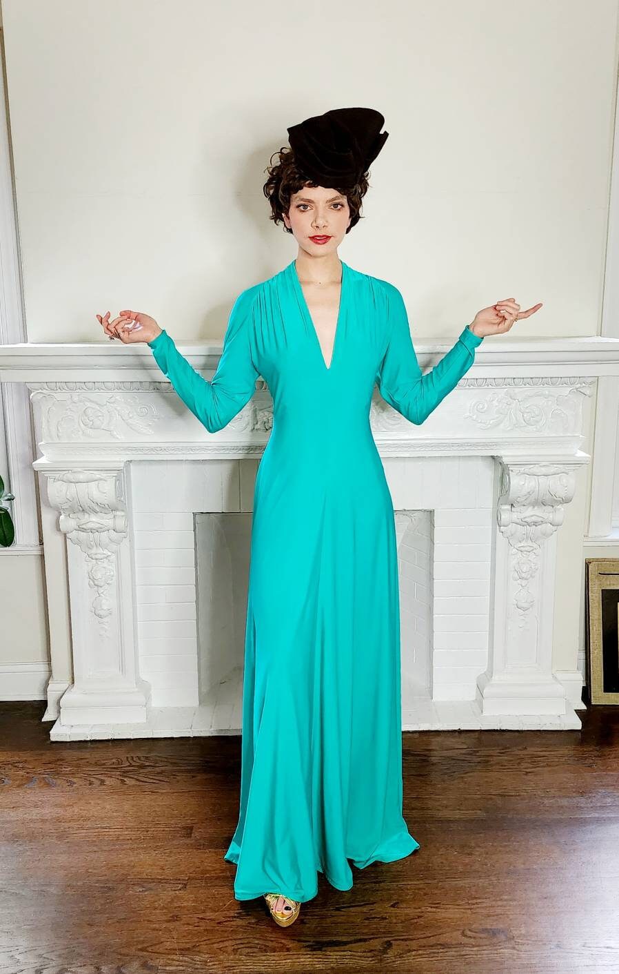 1970s Robert David Morton Matte Jersey Dress Aquamarine Green / 70s Long Sleeved Evening Dress V Neck 30s Style Disco / Medium / Octavia