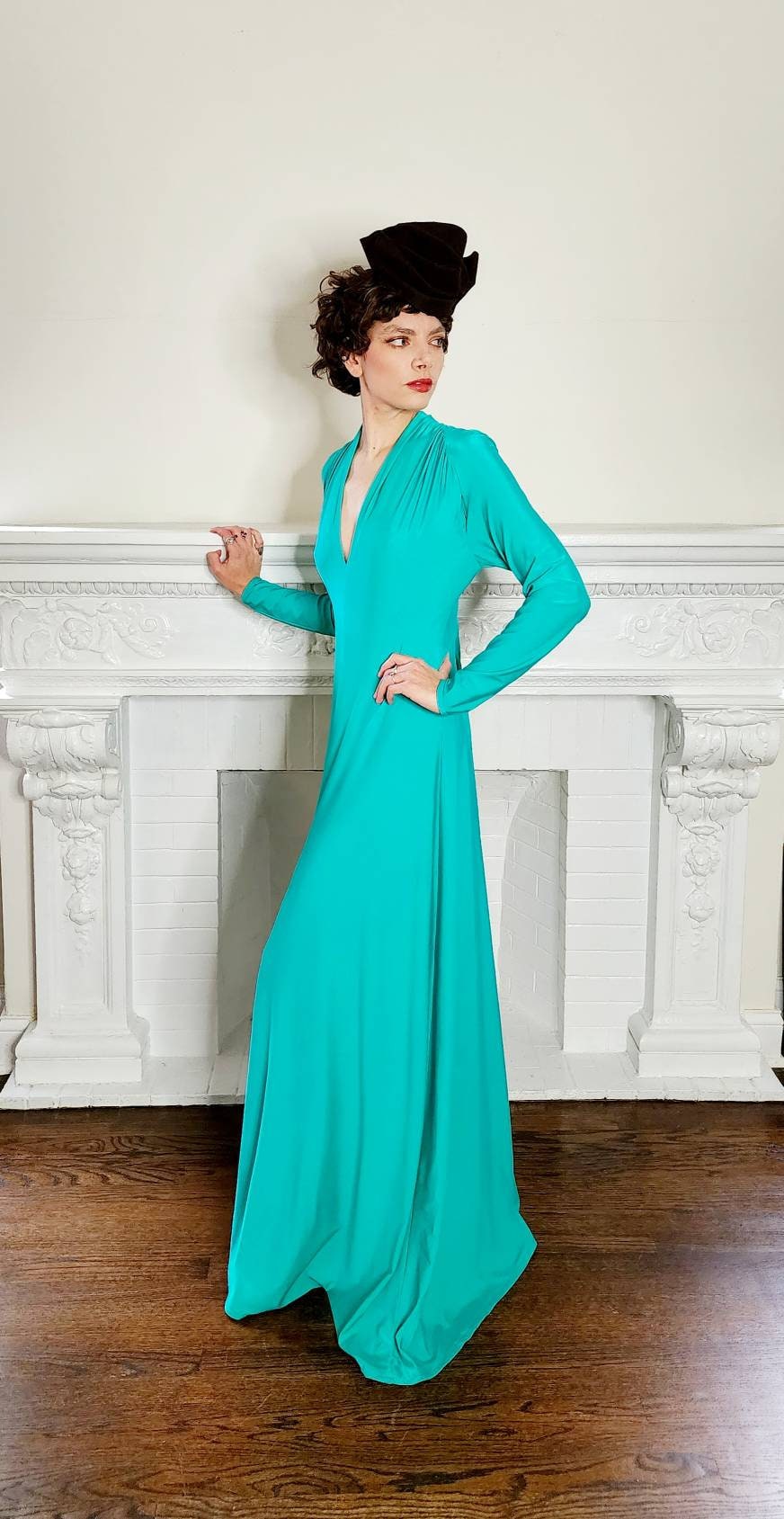 1970s Robert David Morton Matte Jersey Dress Aquamarine Green / 70s Long Sleeved Evening Dress V Neck 30s Style Disco / Medium / Octavia