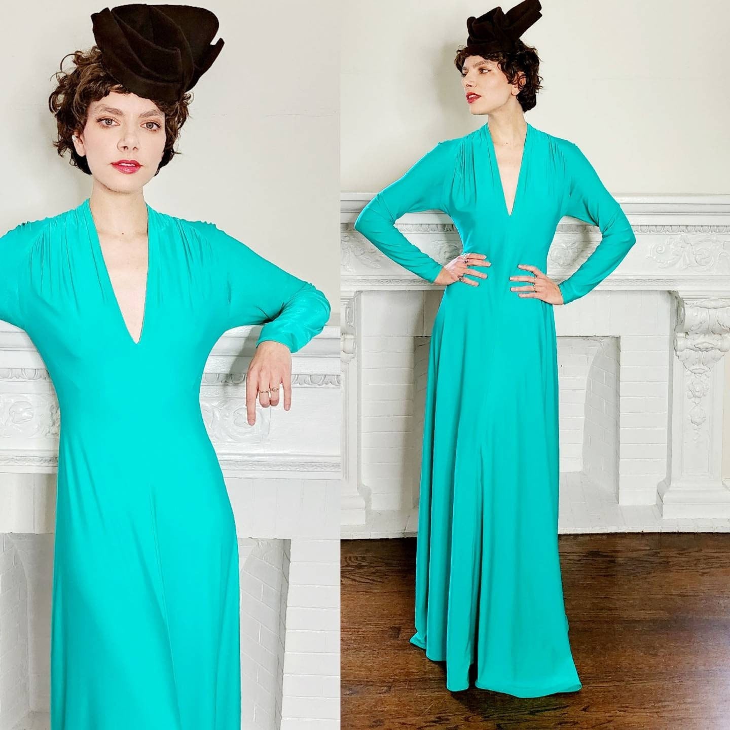 1970s Robert David Morton Matte Jersey Dress Aquamarine Green / 70s Long Sleeved Evening Dress V Neck 30s Style Disco / Medium / Octavia 1970s Robert David Morton Matte Jersey Dress Aquamarine Green / 70s Long Sleeved Evening Dress V Neck 30s Style Disco / Medium / Octavia