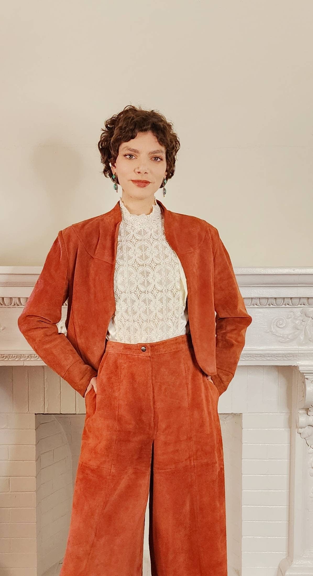 1970s Suede Culottes and Jacket Set Rust Orange Brown Deerskin Trading Post Boho Pants Suit Medium / Delma