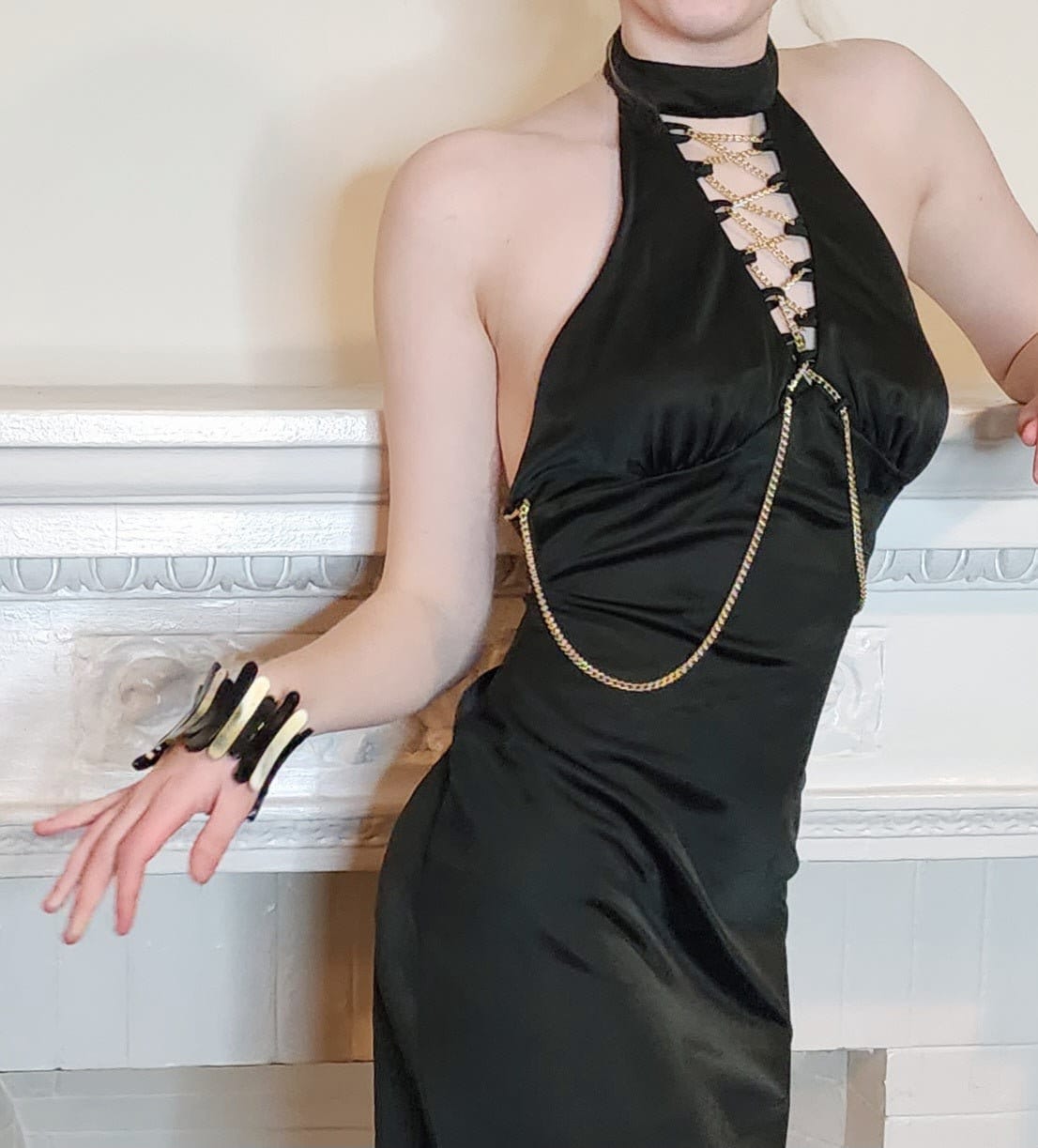 70s Black Maxi Dress Halter Style w-Open Back and Gold Chains by Funky - S