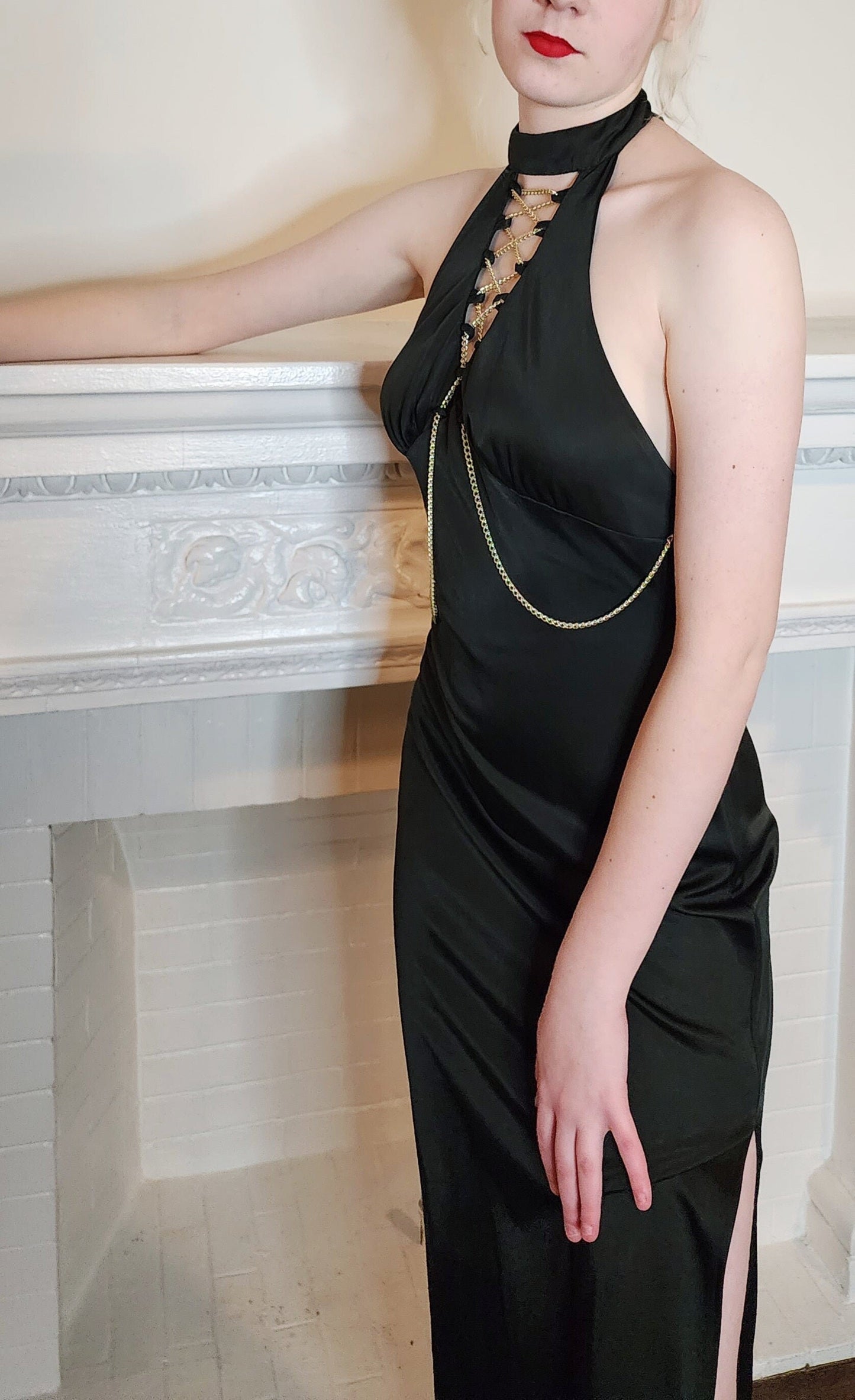 70s Black Maxi Dress Halter Style w-Open Back and Gold Chains by Funky - S