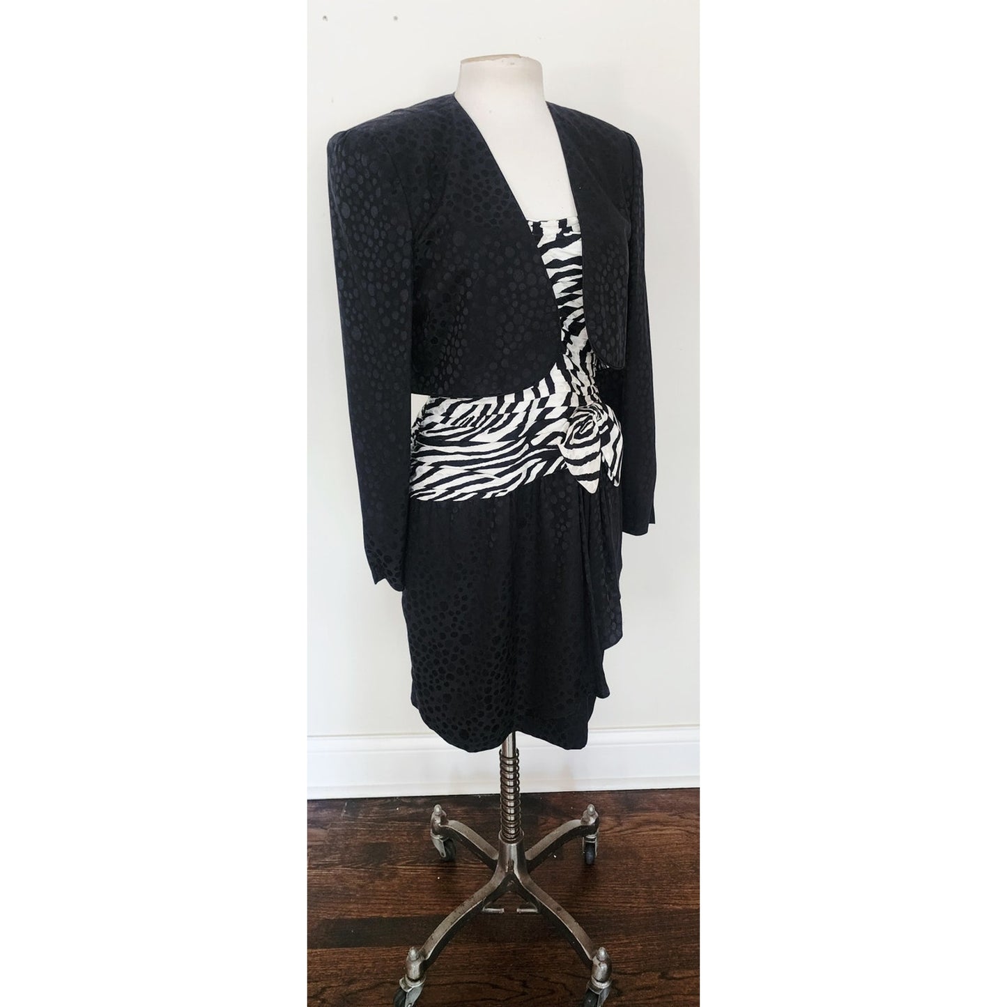 Vintage 80s AJ Bari Strapless Dress + Bolero Jacket Suit Set Zebra Print Black White Silk / M