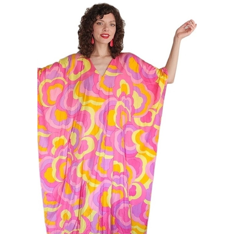 60s Silk Caftan Dress Pink Yellow Psychedelic Print Lord & Taylor
