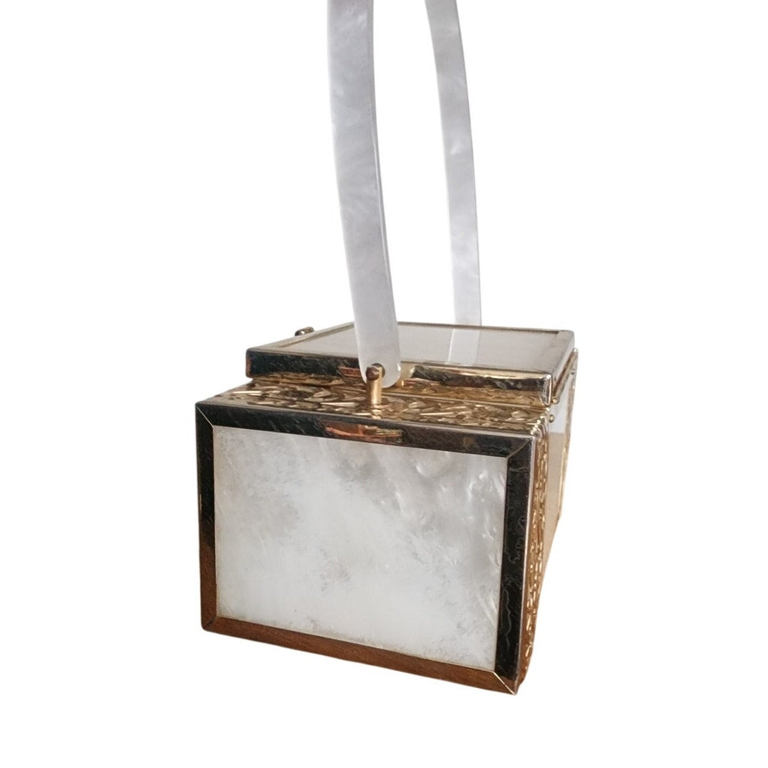 Vintage 1950s TYROLEAN NY Lucite Box Bag Pearl White Silver Filigree Art Deco