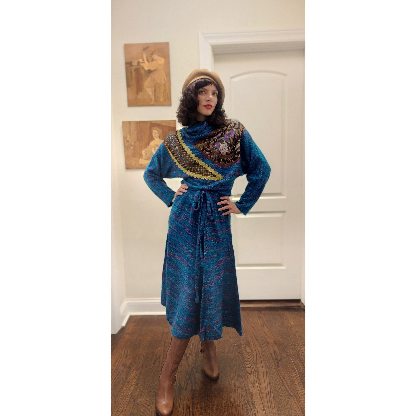 Vintage 1980s KOOS VAN DER AKKER Dress Blue Green Knit Floral Applique Gold Trim