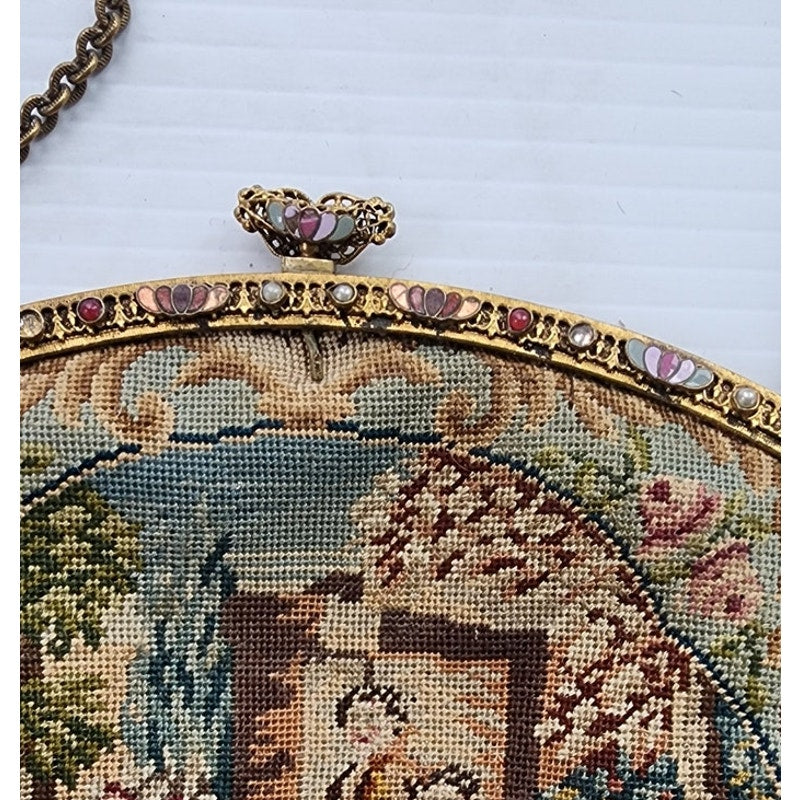 Antique French Handbag Tapestry Weave w/Enameled Frame Pastoral Rococo