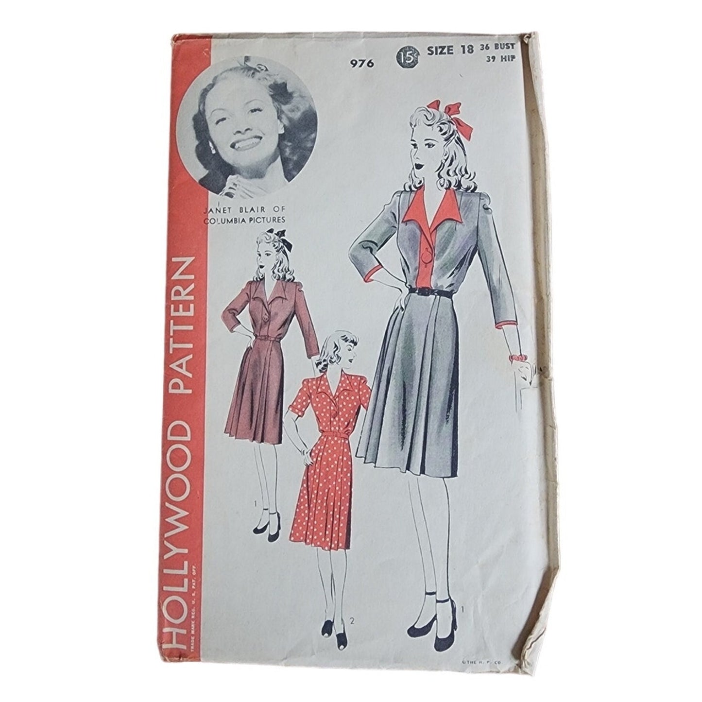 Vintage 1940s Sewing Pattern Origina: Dress Janet Blair Hollywood Pattern 976