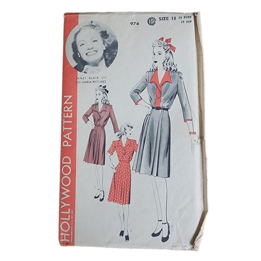 Vintage 1940s Sewing Pattern Origina: Dress Janet Blair Hollywood Pattern 976