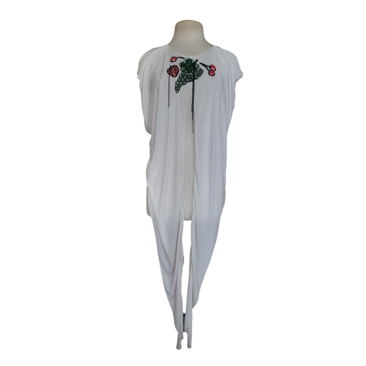 Vintage 1980s Holly Harp Top or Tunic Silk Jersey Embroidered Fruit Sequins Beaded Fringe