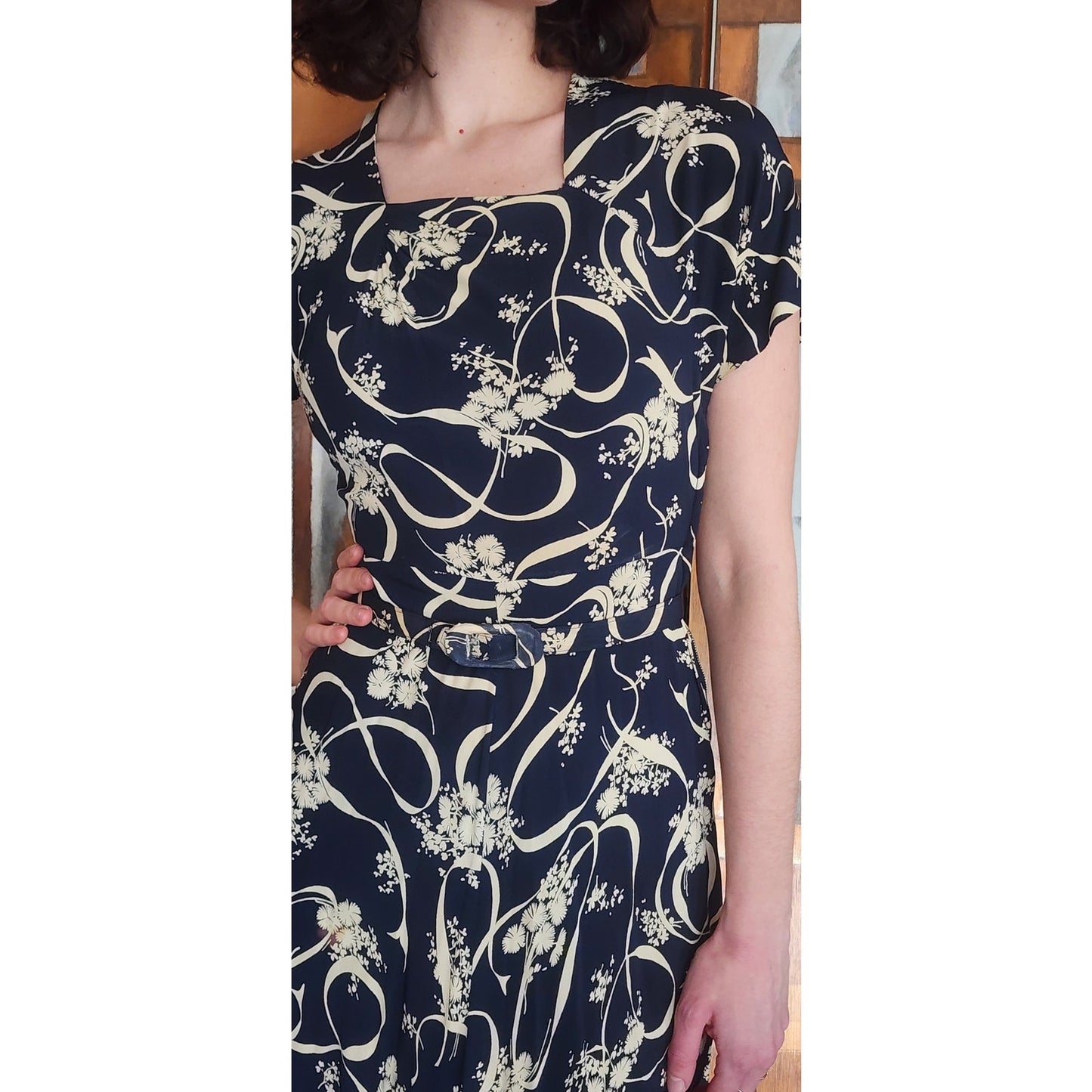 Vintage ORIGINAL 1940s Dress Leslie Fay Black Cream Floral Ribbon Rayon Midi Day