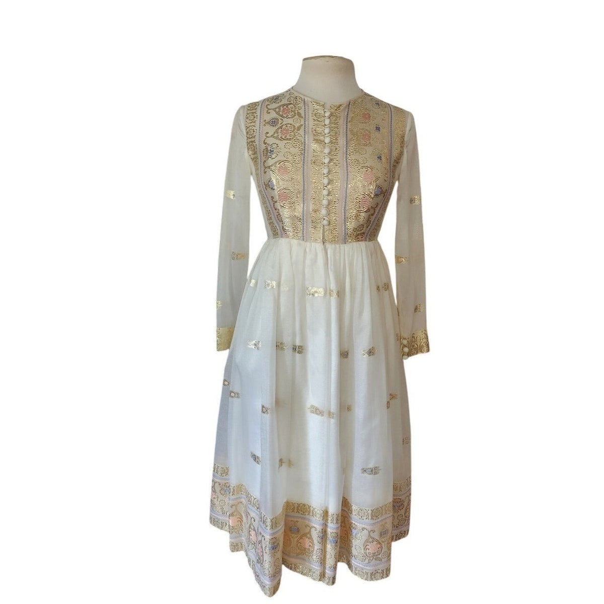 Vintage 1970s Boho Dress White Gold Brocade Embroidery Indian Style Chuck Howard
