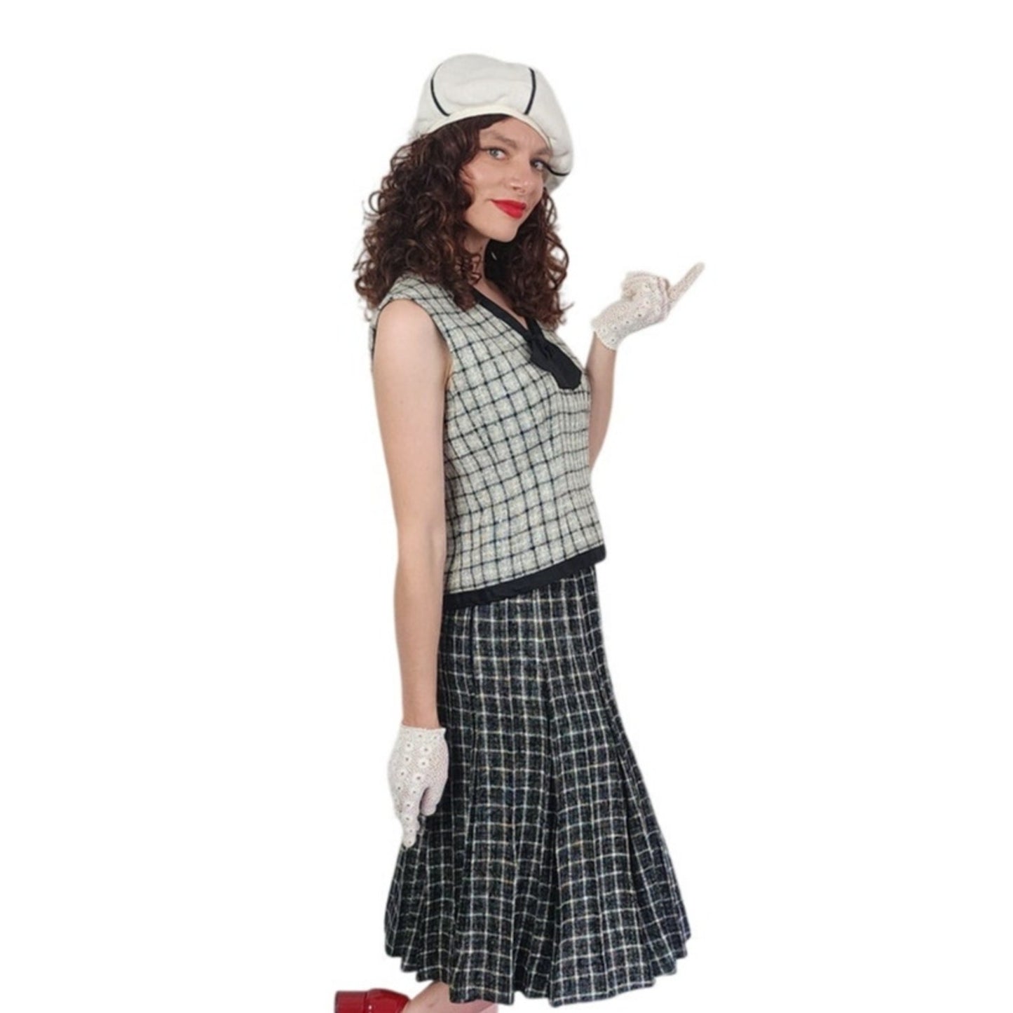 Vintage 1960s Mod Suit Pleated Midi Skirt + Top Gray Black Wool Tweed Geometric Schoolgirl