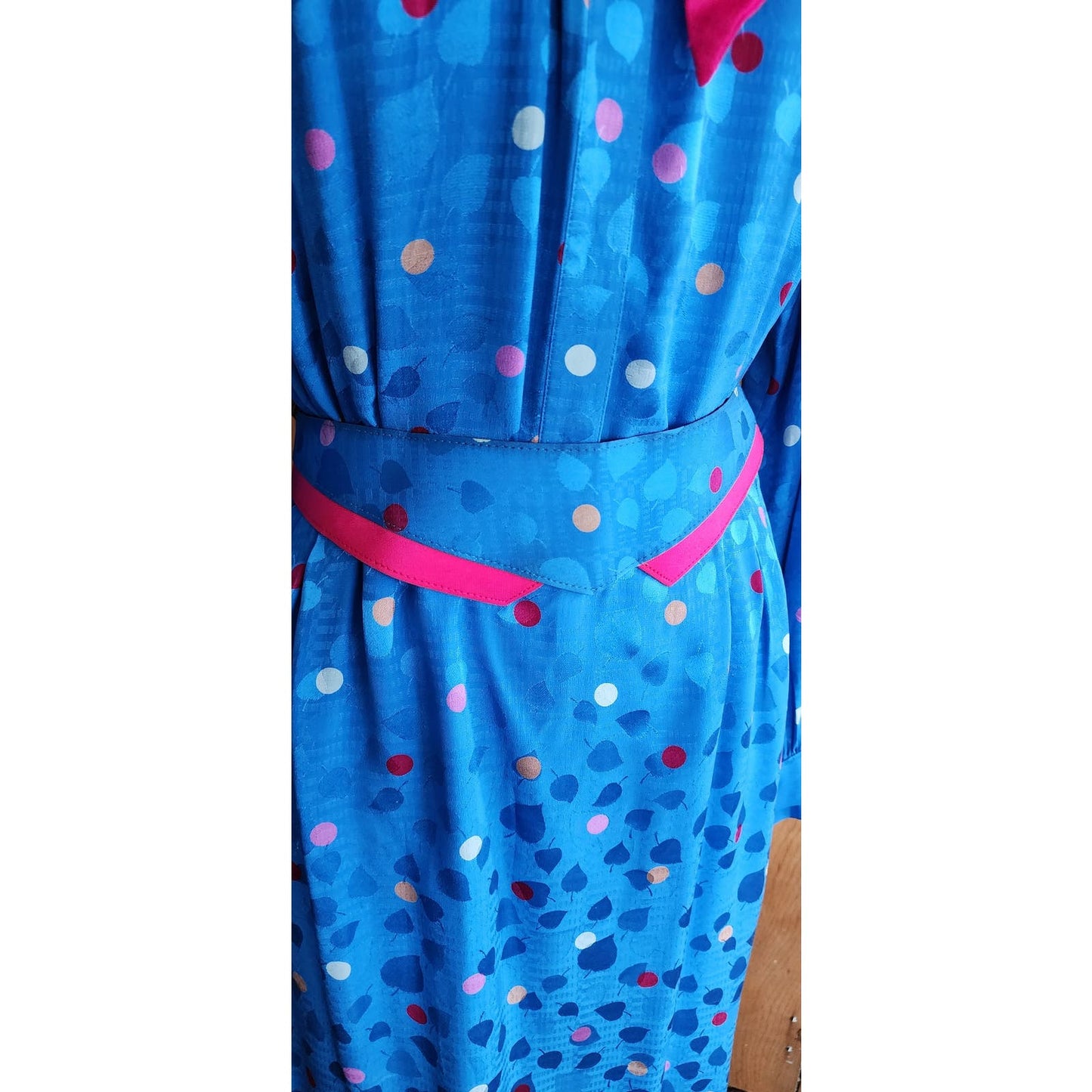 Vintage 80s Blue Silk Dress Polkadot Print Francesca Damon Starington