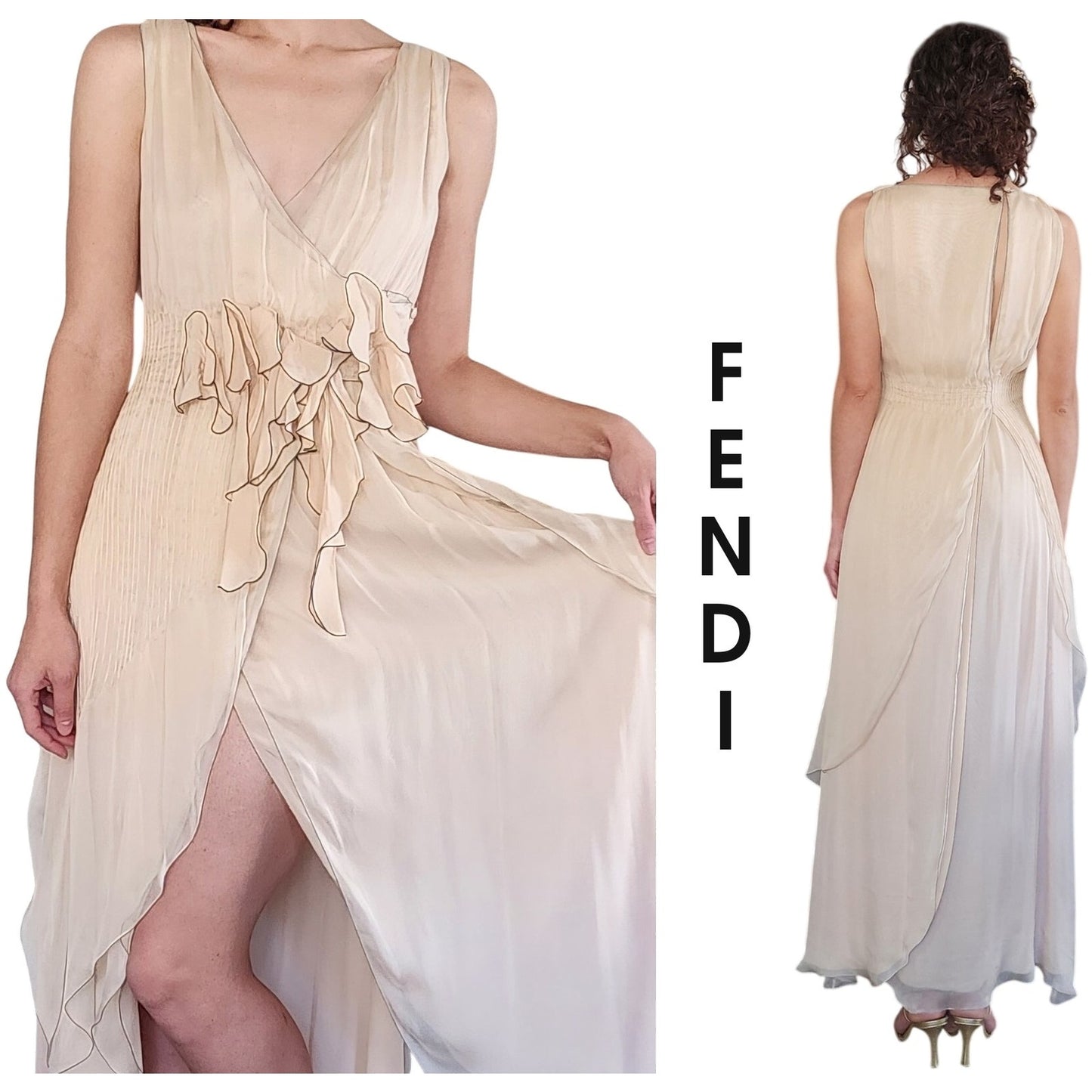 Vintage 2000s Fendi Dress Silk Chiffon Wrap Evening Gown Cream NWT Bergdorf Goodman