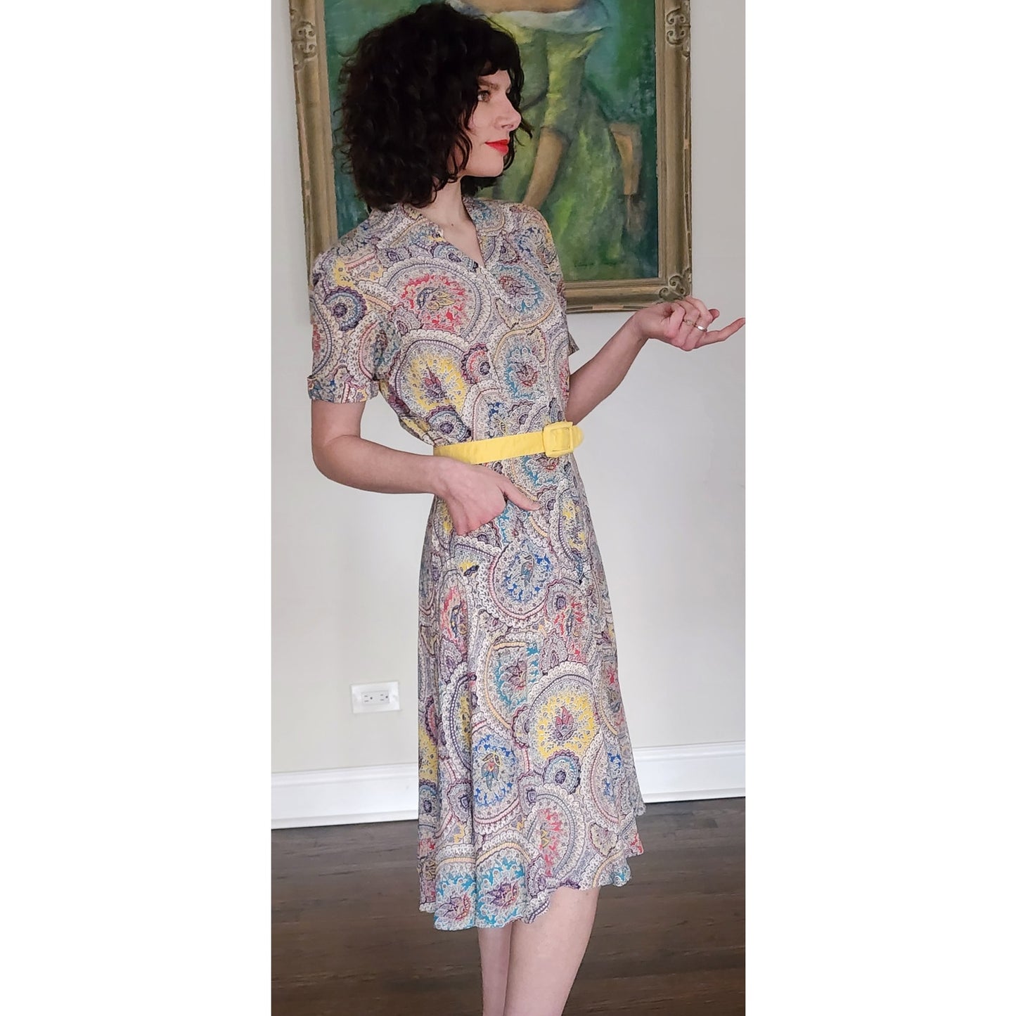 40s Saybury Paisley Rayon 2 Pc Dress &amp; Jacket Set with Yellow Sleeves &amp; Belt