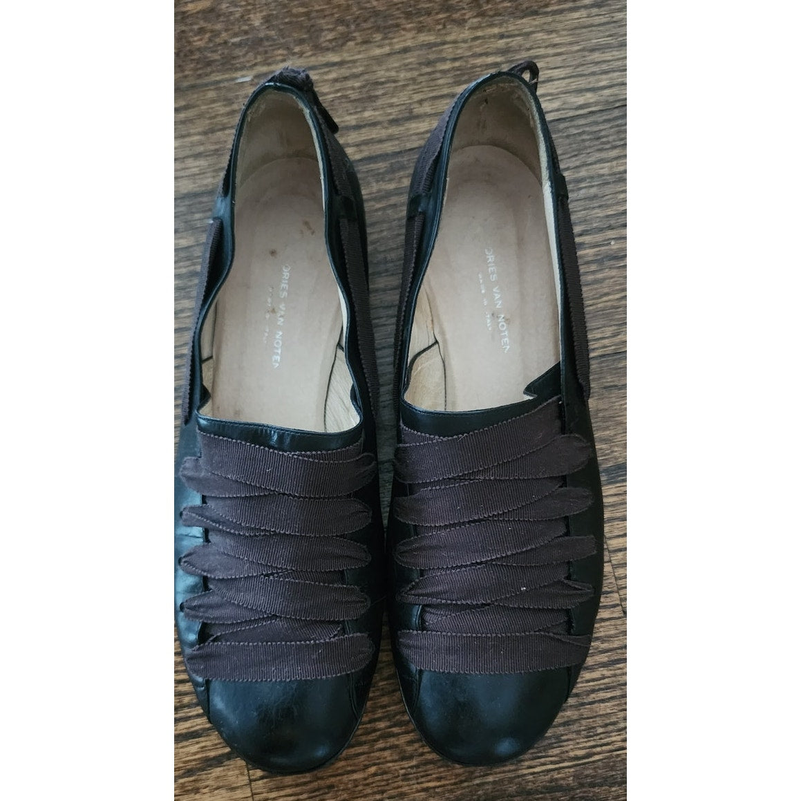 Vintage 1990s Dries Van Noten Shoes Black Leather Ballerina Flats Crisscross Ribbon Straps 39