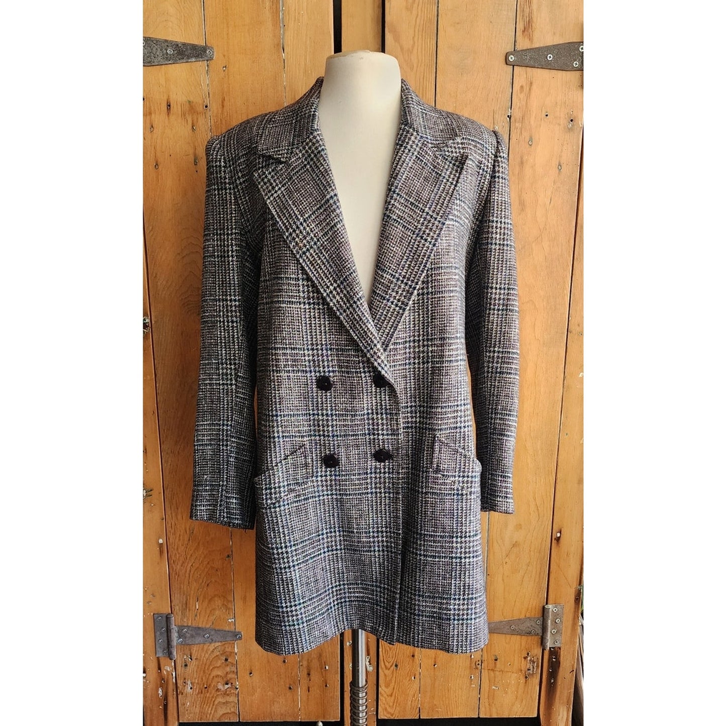 Vintage 1980s Long Blazer Lilli Ann Houndstooth Wool Jacket Gray Black