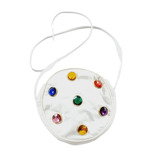 Vintage 80s White Leather Bag Round Purse Colorful Jewels Ohh Ashley