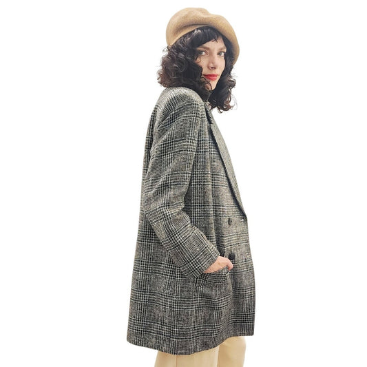 Vintage 80s Long Blazer Lilli Ann Houndstooth Wool Jacket Gray Black