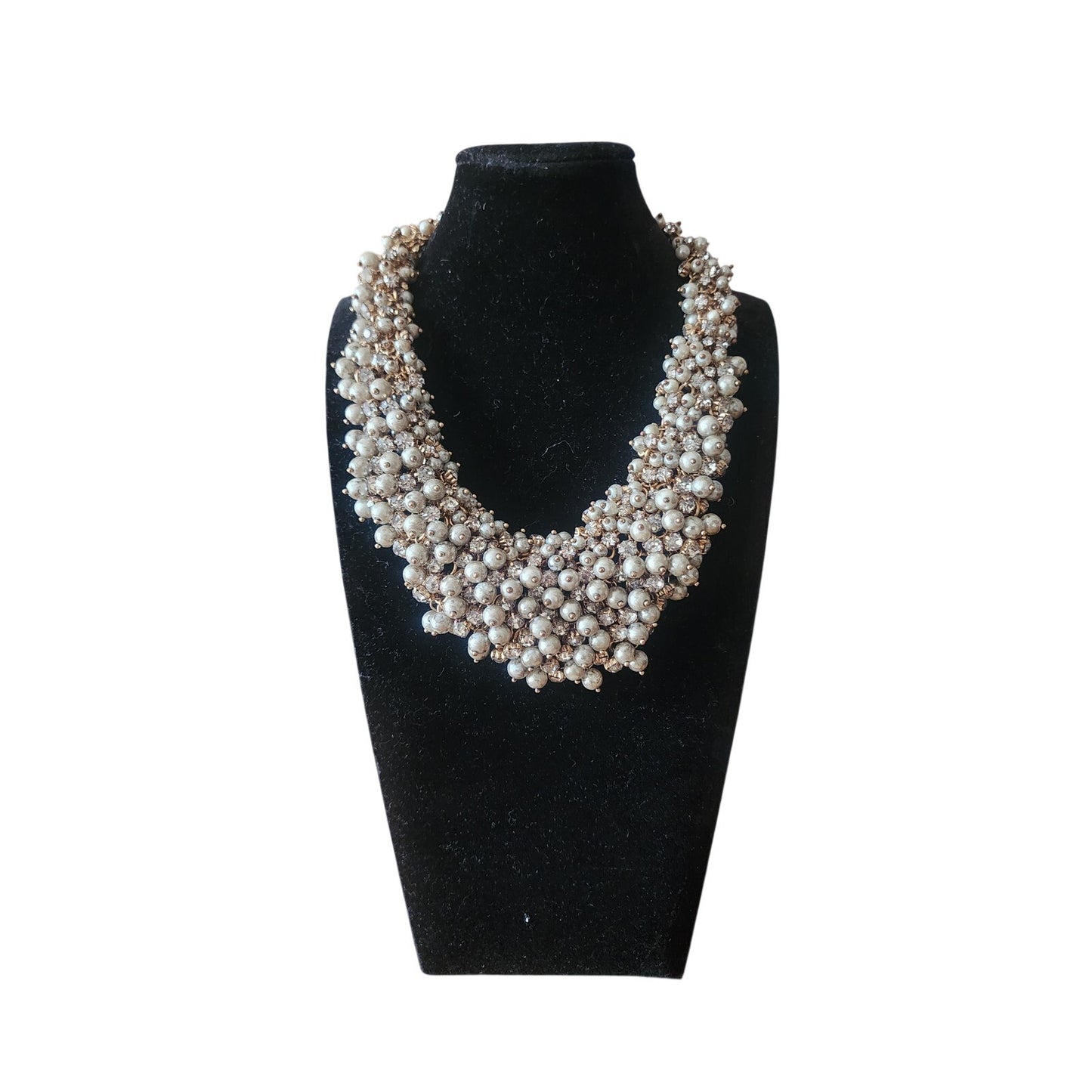 Vintage 2000s Weekend Max Mara Bib Necklace Metallic Cluster Choker Faux Pearl Crystal Cluster