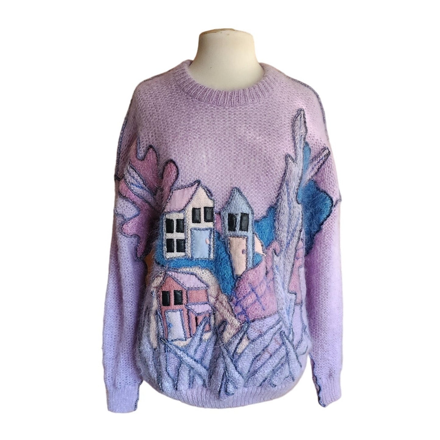 80s Purple Sweater in Embroidered Mohair Village Scene Applique by Vashti New Zealand