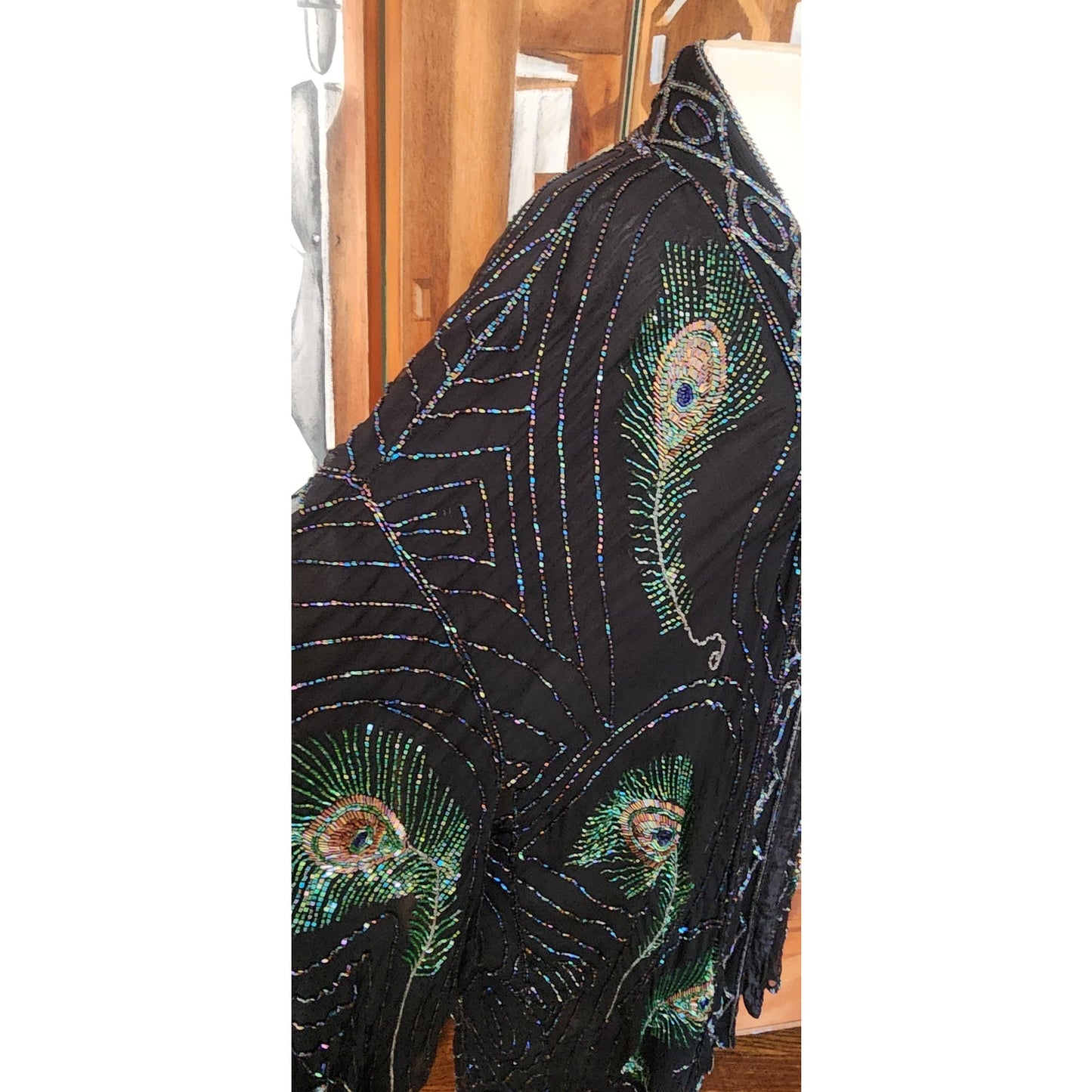 Vintage 1990s Evening Kimono Jacket Shimmering Peacock Feathers Beaded Black Duster Boho Chic Art Nouveau Deco