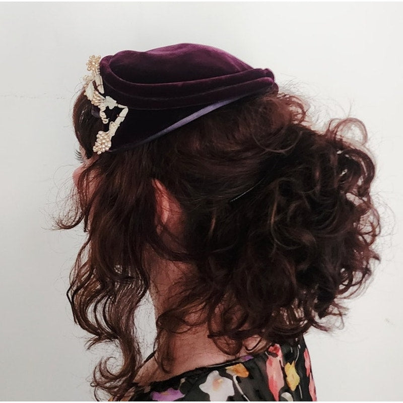 Vintage 50s Hat Burgundy Red Velvet w/Beaded Floral Trim by Anne Savel