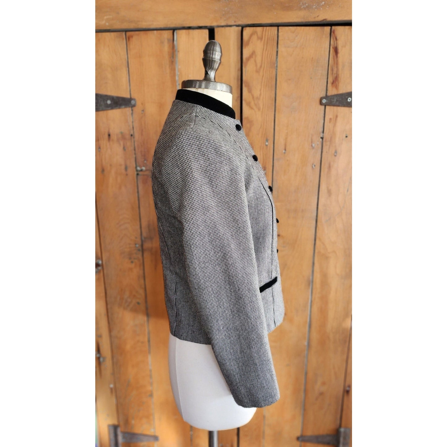 Vintage 80s Fitted Blazer Gray Houndstooth Wool Russ Petites