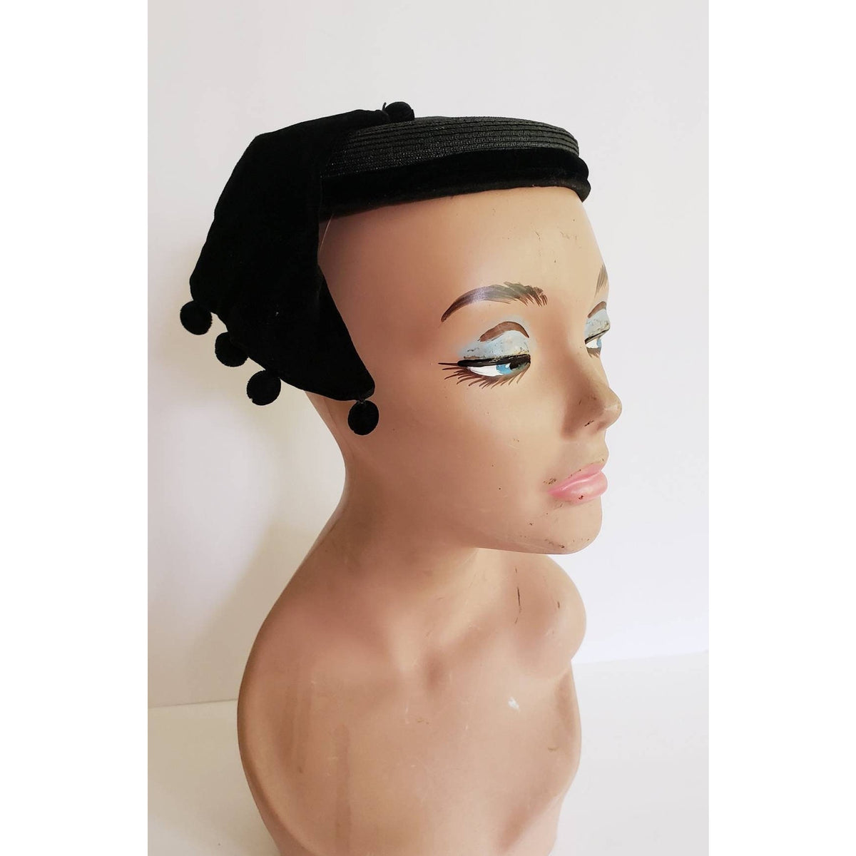 Vintage 1950s Black Hat Fascinator Modernist Avant Garde Cocktail Beanie Hat Pom-Pom Fringe Yeagers Akron Ohio