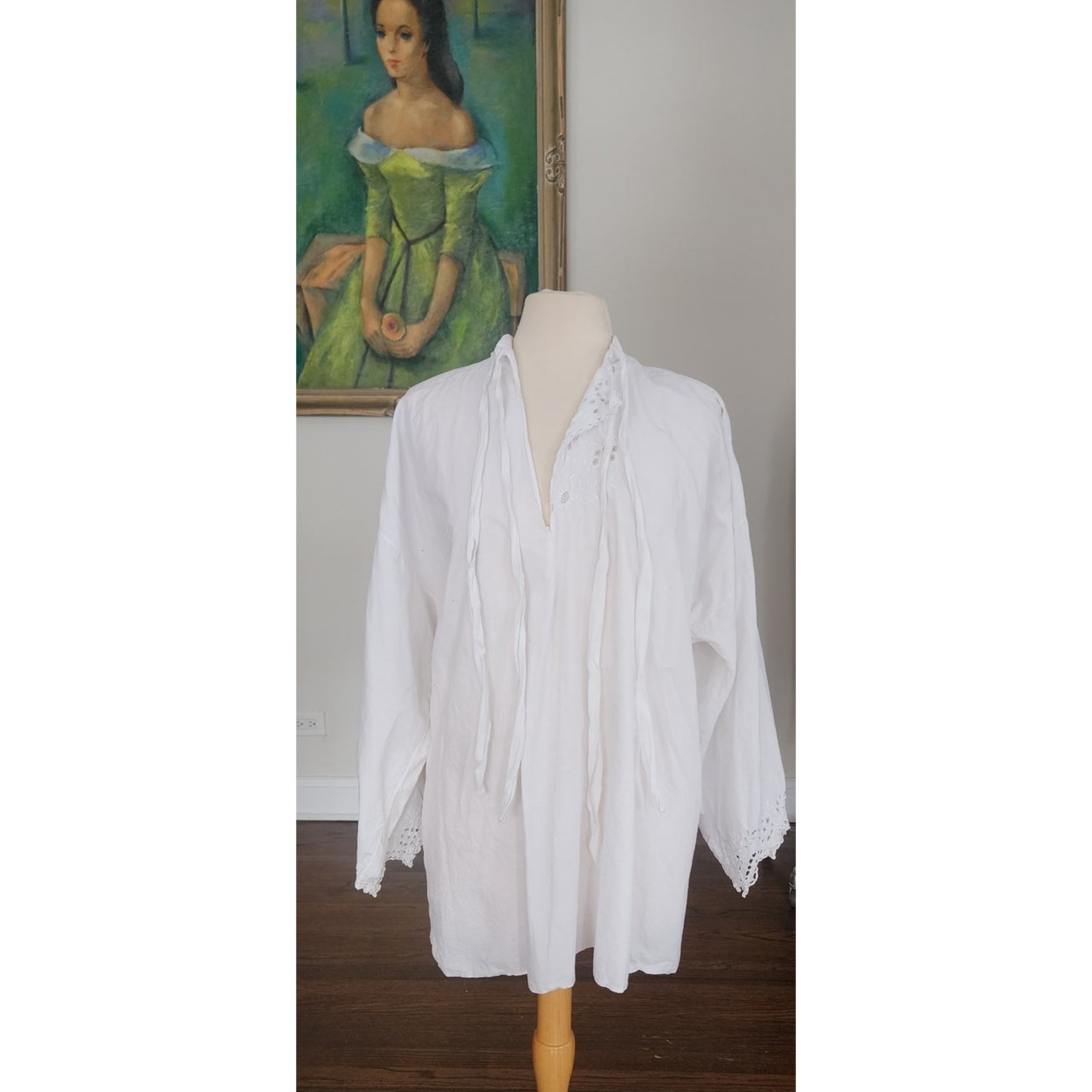 Antique Edwardian Poet's Blouse White Cotton Tunic Shirt w/ Embroidered Crochet Lace Sash Tie