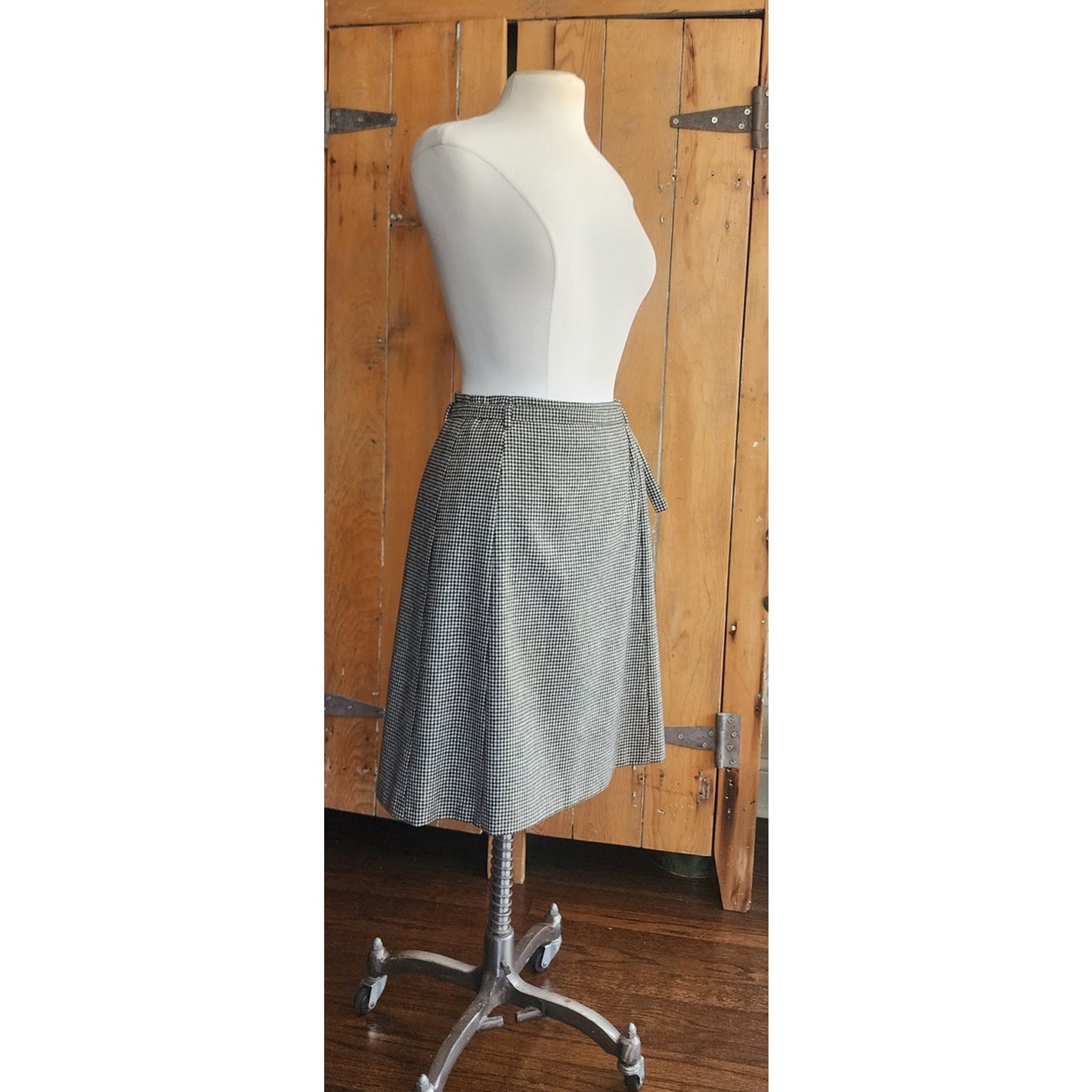 Vintage Dries Van Noten Skirt Gray Houndstooth Wool A Line Knee Length Belt Sash / Medium