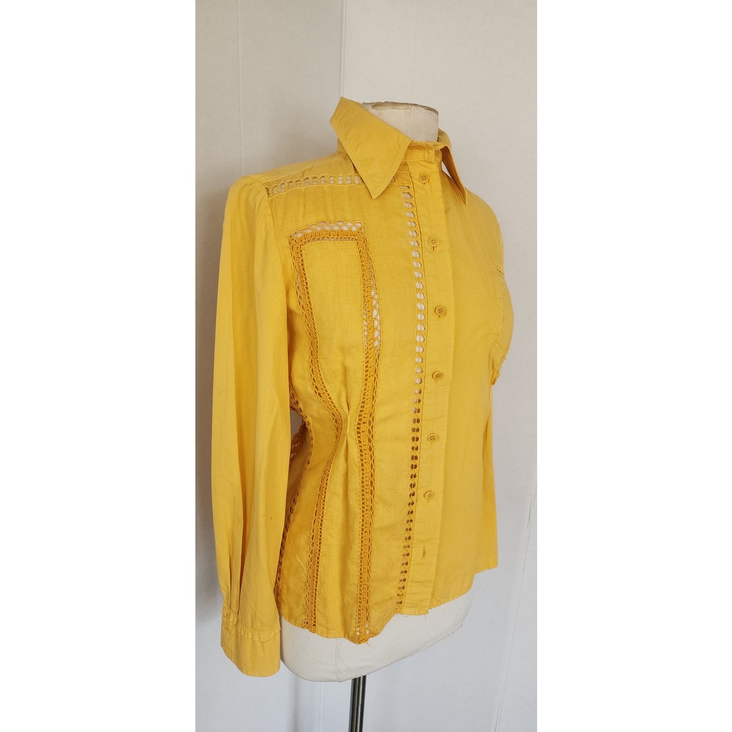 Vintage Yellow Shirt Button Down by Philosophy Alberta Ferretti w/ Crochet Trim Small