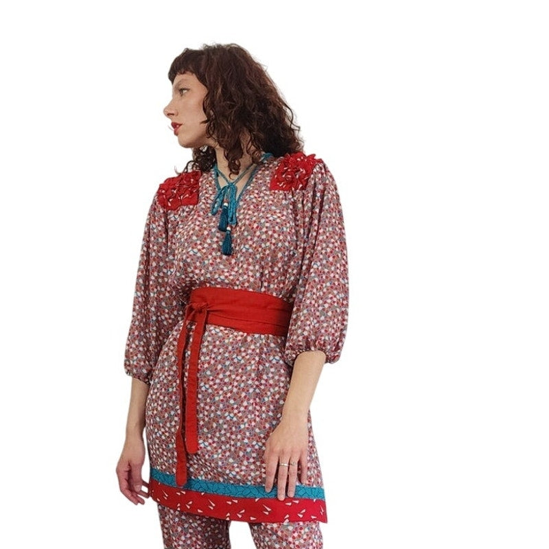 Vintage 1980s Lachine Tunic + Pants Set Polyester Georgette Red Graphic Print / Medium