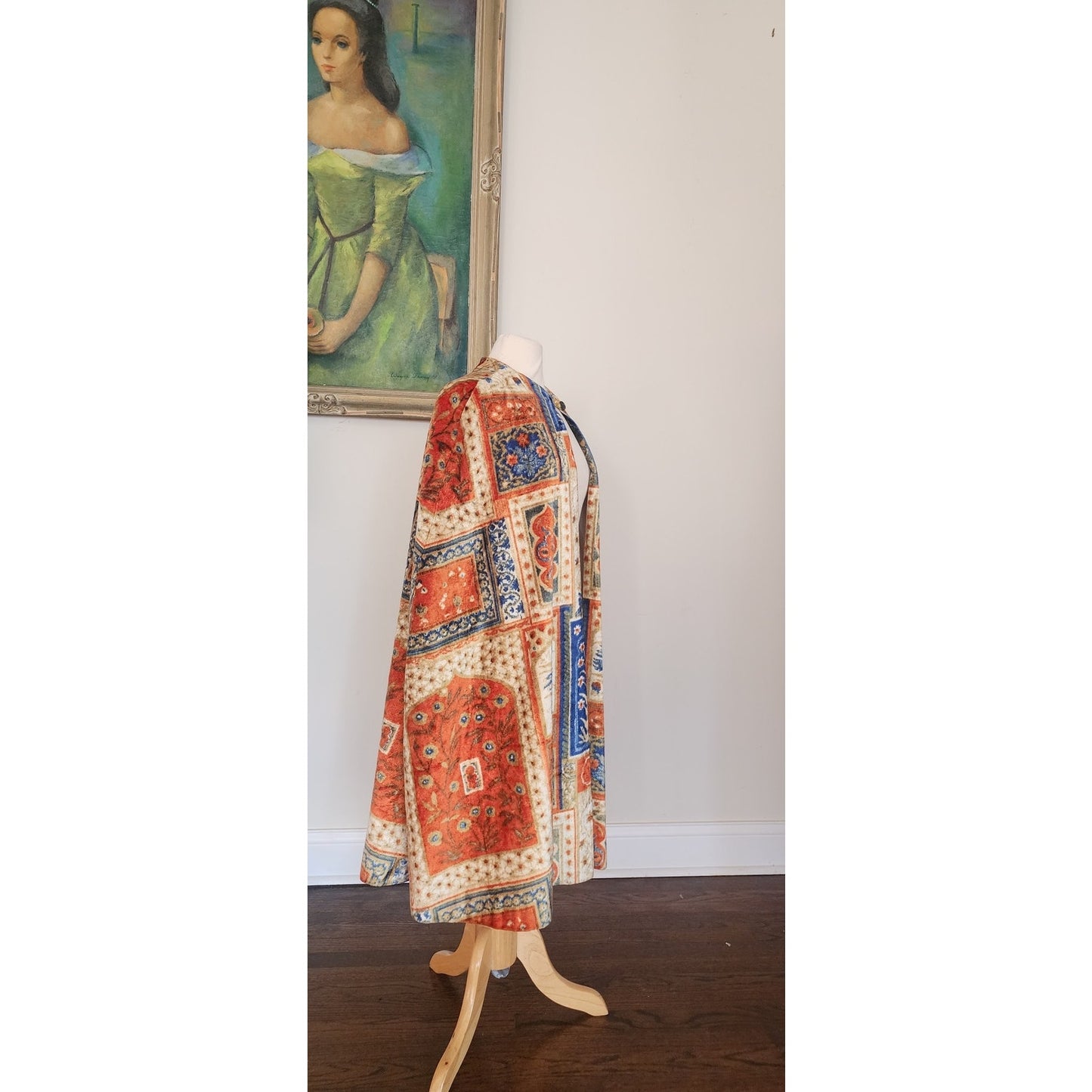 Vintage 1960s Velvet Cape Printed Tapestry Cloak Patchwork Carpet Design
